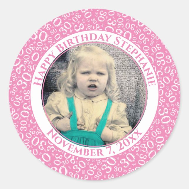 Sticker Rond Votre photo Numéro 30e anniversaire | Rose/Blanc 3 (Devant)
