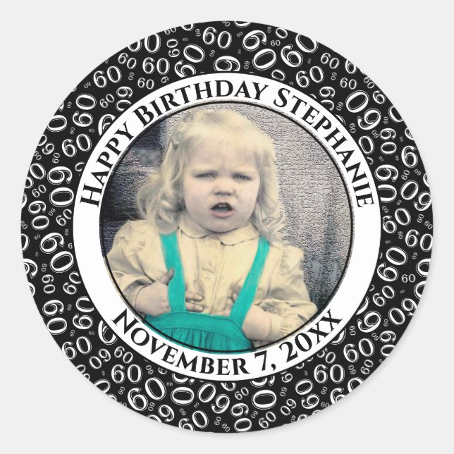 Sticker Rond Votre photo Numéro 60e anniversaire | Noir/Blanc 6 (Devant)