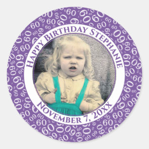 Sticker Rond Votre photo Numéro 60e anniversaire   Violet/Blanc