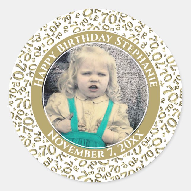 Sticker Rond Votre photo Numéro 70e anniversaire | Or/Blanc 70 (Devant)