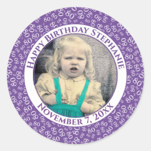 Sticker Rond Votre photo Numéro 80e anniversaire violet/blanc