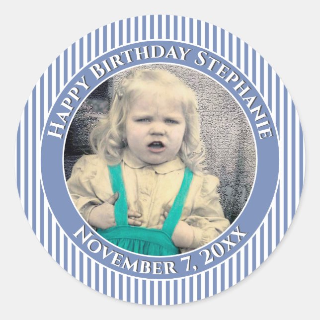 Sticker Rond Votre photo Simple Stripes Motif Bleu/Blanc (Devant)