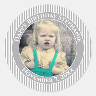 Sticker Rond Votre Photo Simple Stripes Motif Gris/Blanc