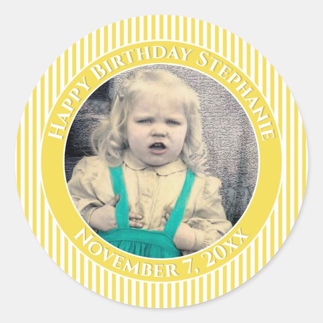 Sticker Rond Votre Photo Simple Stripes Motif Jaune/Blanc (Devant)