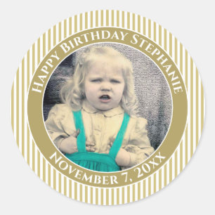 Sticker Rond Votre Photo Simple Stripes Motif Or/Blanc