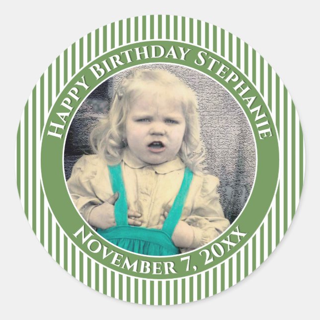 Sticker Rond Votre photo Simple Stripes Motif Vert/Blanc (Devant)