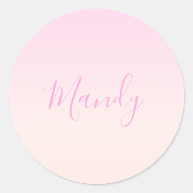 Sticker Rond Votre texte | Élégant Script & Soft Blush Pink Omb (Devant)
