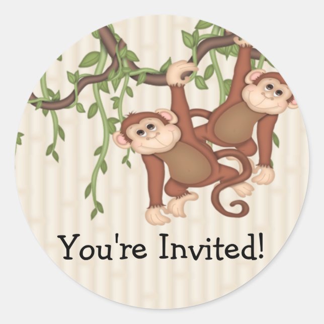 Sticker Rond Vous êtes Invité ! jumeaux Baby shower des singes (Devant)