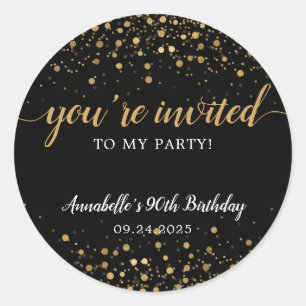 Sticker Rond Vous êtes Invited Party Gold Black Confetti Anniv