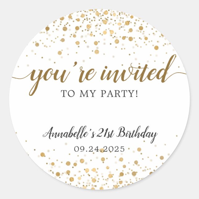 Sticker Rond Vous êtes Invited Party Gold Confetti 21e annivers (Devant)