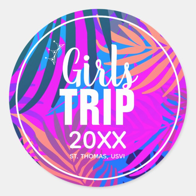 Sticker Rond Voyage de filles tropicales avec Couronne, Année & (Devant)