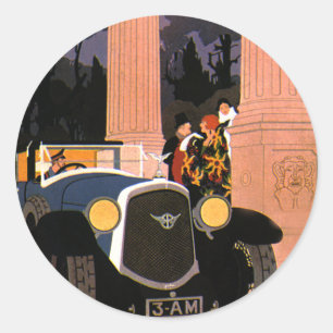Sticker Rond Voyage Fantaisie Vintage, Élégante Voiture Décapot
