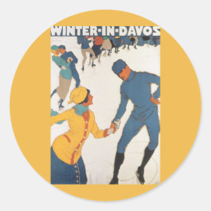 Sticker Rond Voyage Vintage, Art Déco, Davos Suisse Hiver