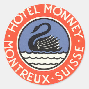 Sticker Rond Voyage Vintage, Hôtel Monney Suisse Swan Bird
