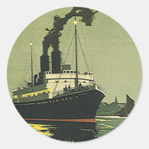 Sticker Rond Voyage Vintage, Navire de Croisière dans un Port