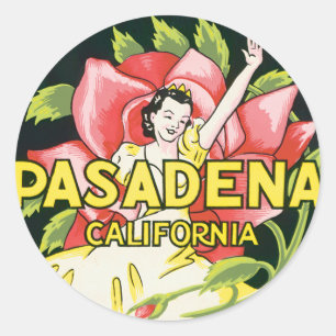 Sticker Rond Voyage Vintage, Pasadena Californie, Dame et Rose