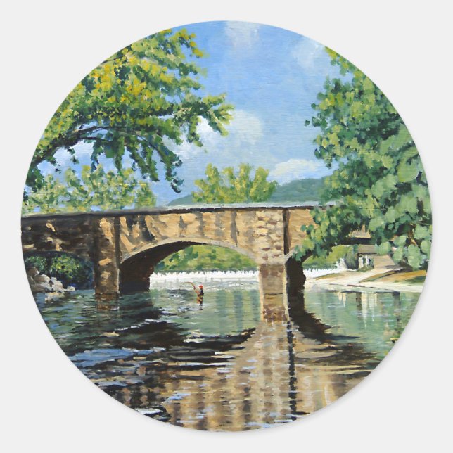 Sticker Rond Vue pittoresque du Missouri Trout Stream Fishing (Devant)