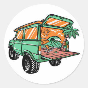 Sticker Rond Vue sur la plage dans la voiture Illustration été
