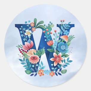Sticker Rond "'W' ornate blue monogram"