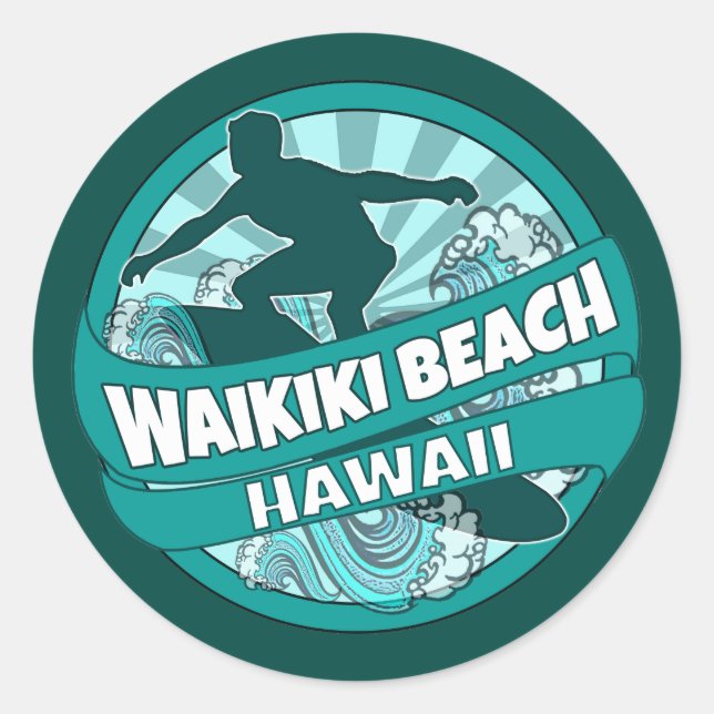 Sticker Rond Waikiki Beach Hawaii logo turquoise surfer autocol (Devant)