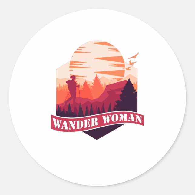 Sticker Rond Wander Woman Randonnée Adventure Mountains (Devant)