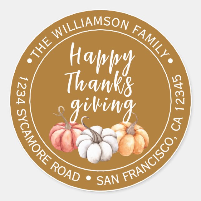 Sticker Rond Warm Brown Pumpkin Thanksgiving Return Address (Devant)