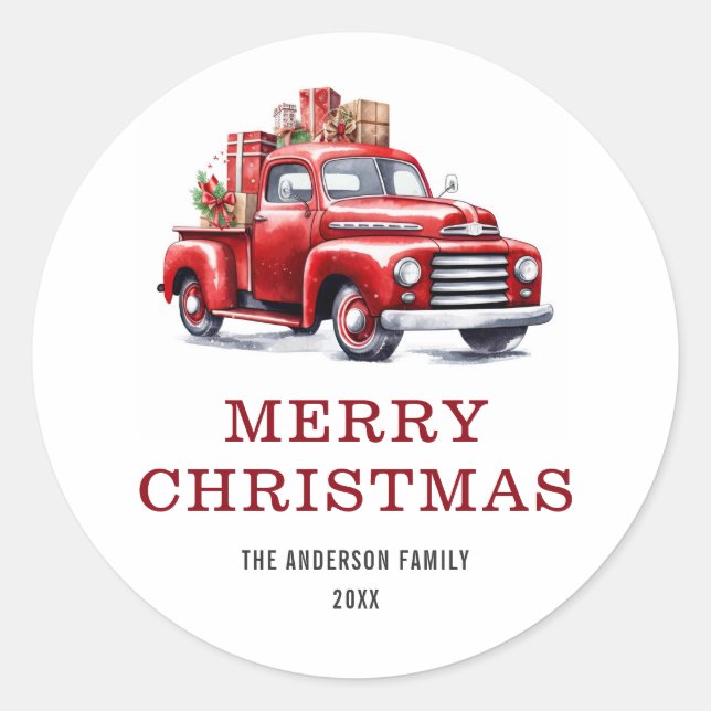 Sticker Rond Watercolo Joyeux Noël Rouge Camion Cadeaux Famille (Devant)