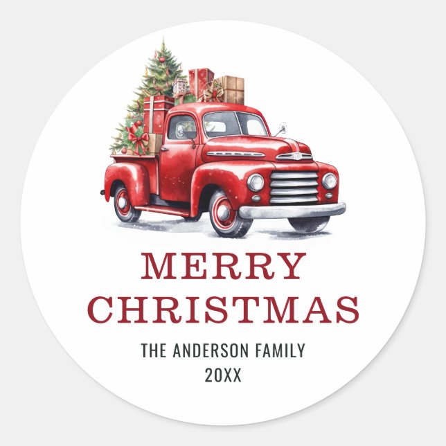 Sticker Rond Watercolo Red Truck Tree Famille Joyeux Noël (Devant)