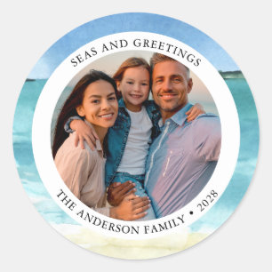 Sticker Rond Watercolor Beach Coastal Photo Noël
