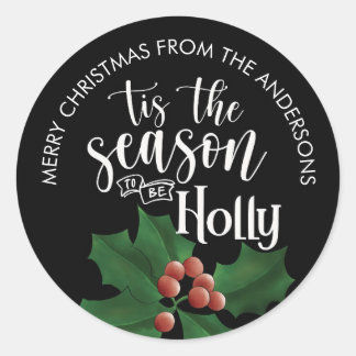 Sticker Rond Watercolor Black Holly and Berries Christmas Gift