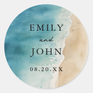 Sticker Rond Watercolor Blue Ocean Sand Beach Wedding