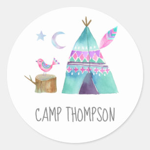 Sticker Rond Watercolor Camping fête d'anniversaire