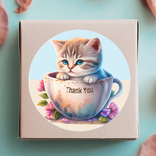 Sticker Rond Watercolor Chat ou Kitten dans un Teacup merci