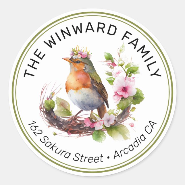 Sticker Rond Watercolor Crowned Spring Bird Adresse (Devant)