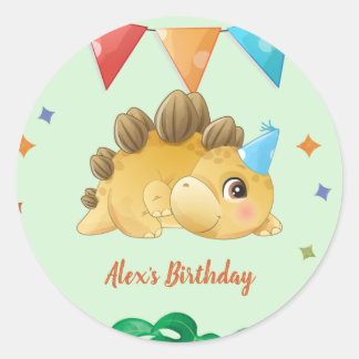 Sticker Rond Watercolor Dinosaur Boy fête d'anniversaire