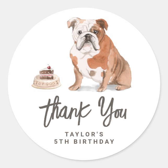 Sticker Rond Watercolor English Bulldog Merci d'anniversaire (Devant)