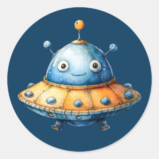 Sticker Rond Watercolor Extraterrestrial Spaceship Cute UFO