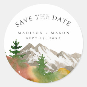 Sticker Rond Watercolor Fall Mountain Enregistrer la date