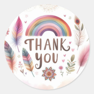 Sticker Rond Watercolor Feathers Bohemian Boho Birthday Party