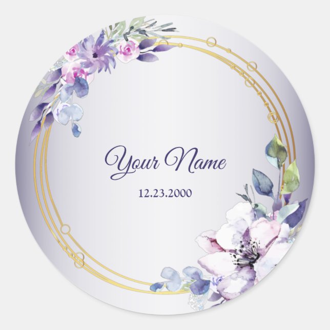 Sticker Rond Watercolor Floral Geometric Golden Purple Wedding (Devant)