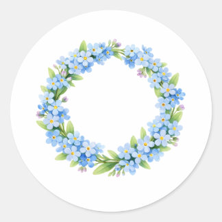 Sticker Rond Watercolor Forget Me Not Flower Wreath 