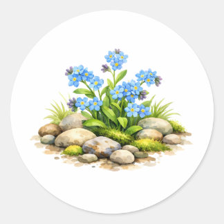 Sticker Rond Watercolor Forget Me Not Flowers by the Rocks