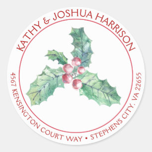 Sticker Rond Watercolor Holly Feuilles et Berries Adresse de re