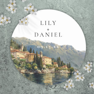 Sticker Rond Watercolor Lake Côme Italie Destination Mariage