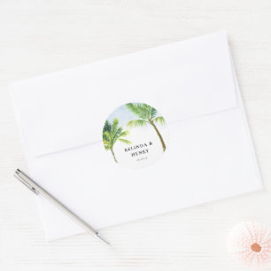 Sticker Rond Watercolor Palm Tree Beach Wedding