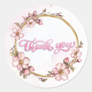 Sticker Rond Watercolor Pink Floral Thank You 