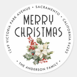 Sticker Rond Watercolor Poinsettia Holly Berries Return Address