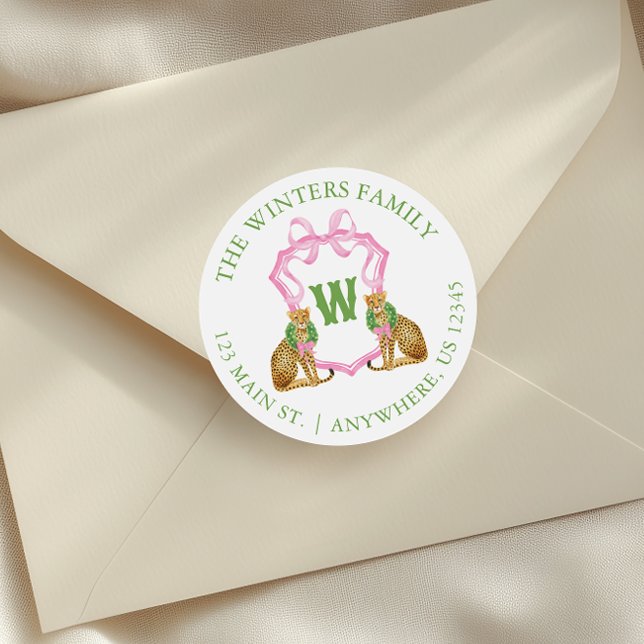 Sticker Rond Watercolor Preppy Leopard Monogram Crest (Créateur téléchargé)