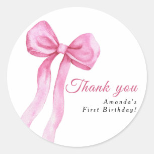 Sticker Rond Watercolor rose bow girl fête d'anniversaire merci