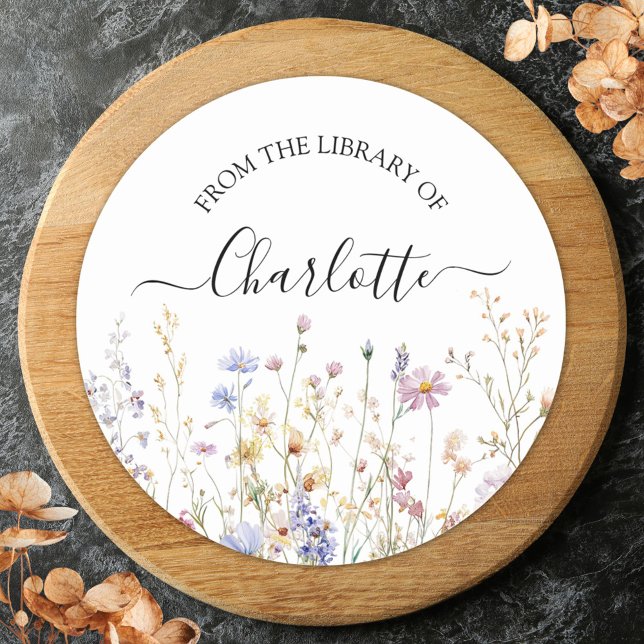Sticker Rond Watercolor Rustic Pretty Wildflower Bookplate (Close up)